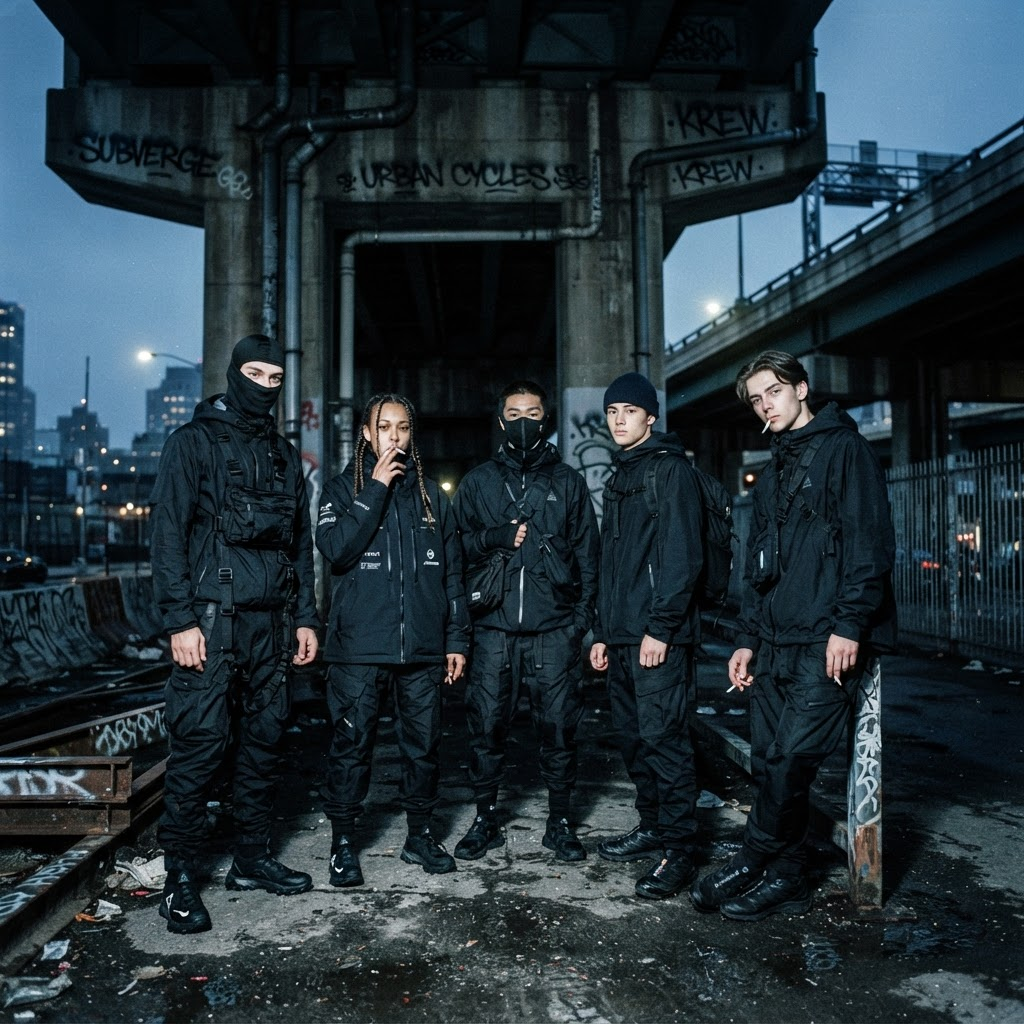 Group in techwear under a concrete overpass