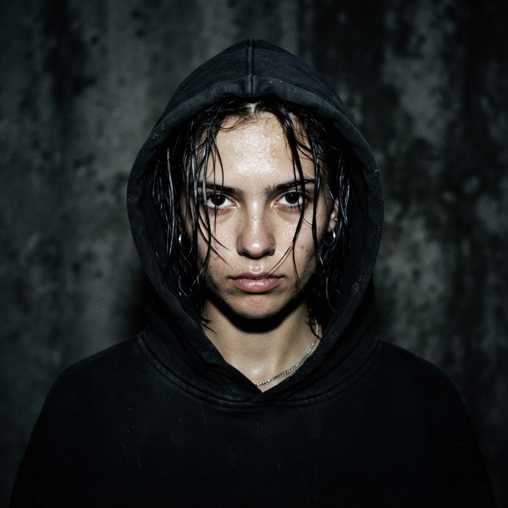 Portrait of a model with hood up under harsh flash