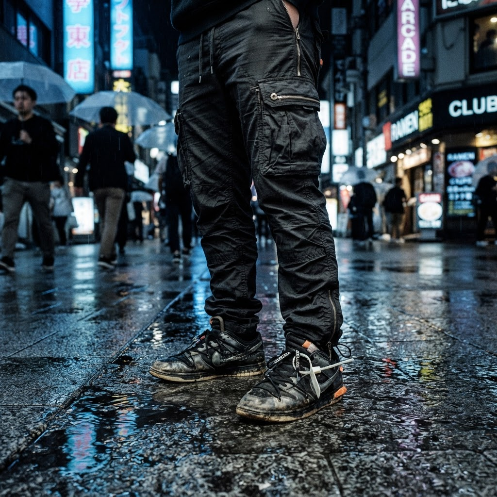 Sneakers and cargo pants on wet concrete at night