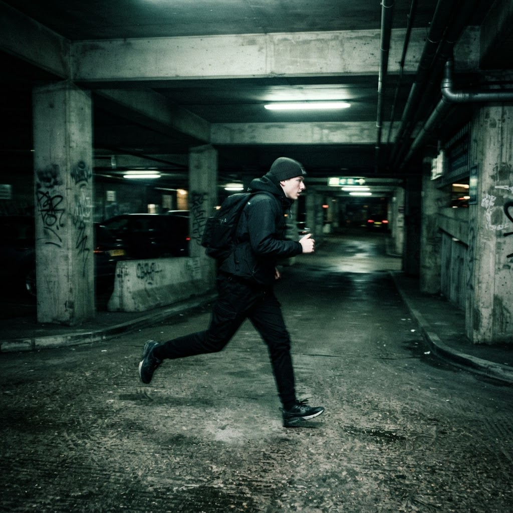 Motion blur of a person running in a parking garage